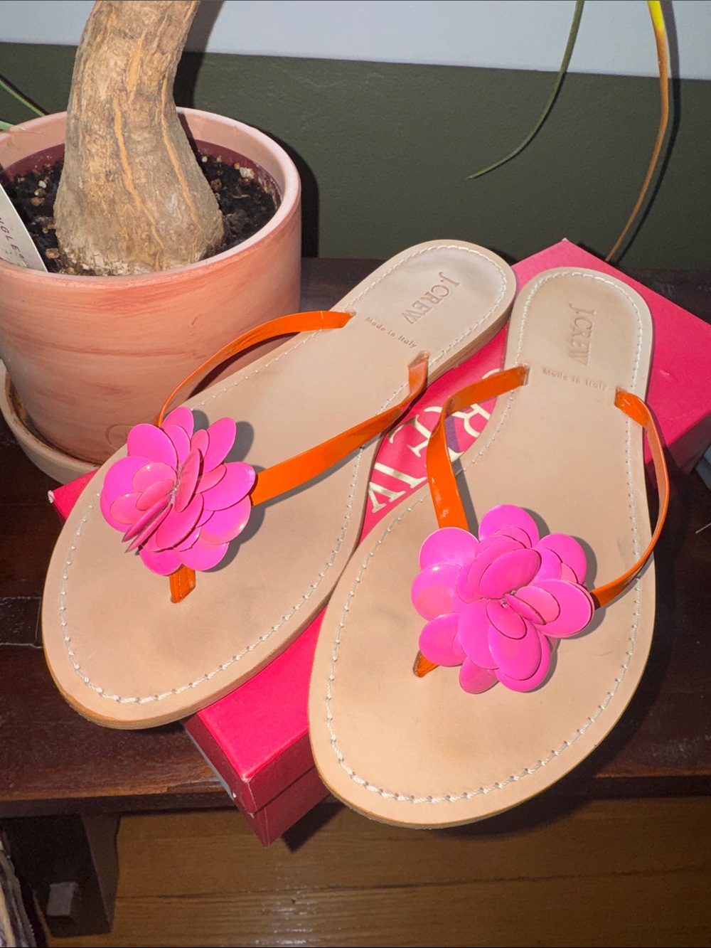J. Crew Pink Floral Thong Sandals with Orange Straps (like new)